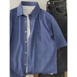 夏网红翻领细格子衬衫男短袖外套薄款透气美式炸街个性T恤C825P35，男装衬衫，星座1013-3