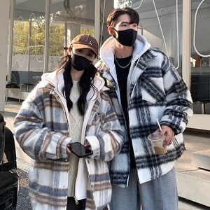 假两件格纹外套男款秋冬季潮加厚保暖复古毛呢连帽棉衣F736P88图片