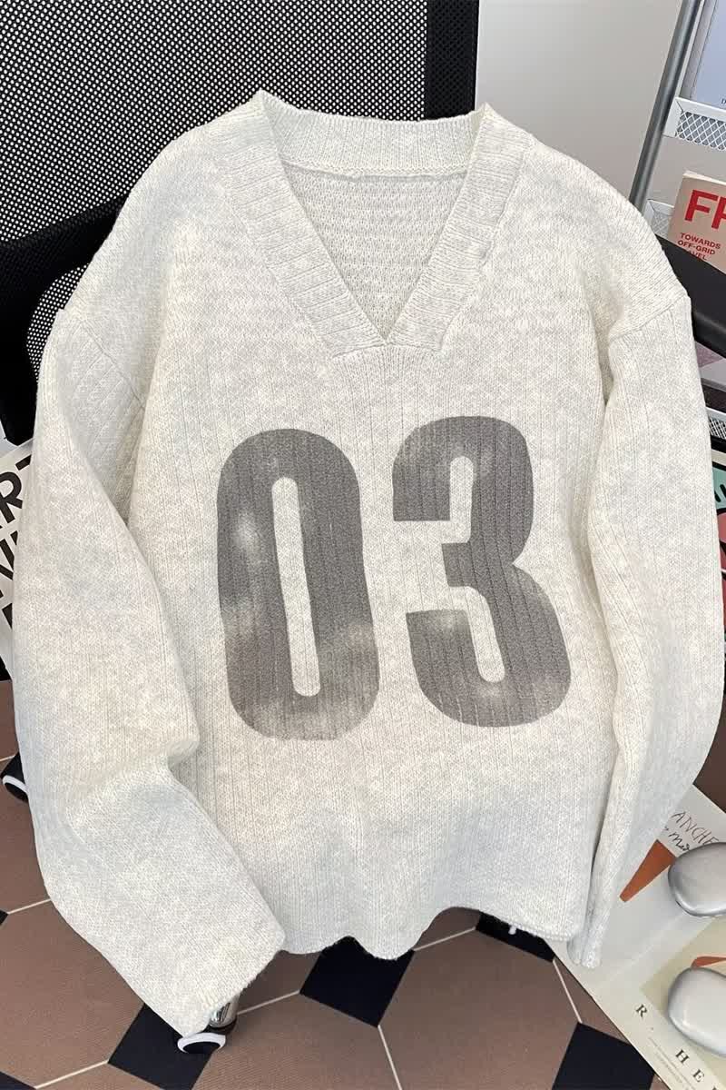 春秋复古宽松设计感数字印花V领毛衣针织长袖球衣露肩上衣M417P58，女装针织衫/毛衣，星座1013-3