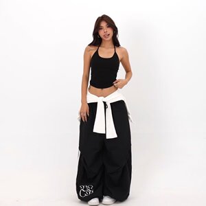 辣妹爵士抽绳降落伞裤褶皱工装女高街宽松休闲拖地阔腿裤K8125P48图片