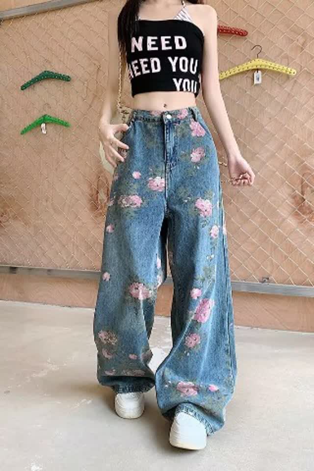 潮牌休闲牛仔长裤中古风花卉印花水洗阔腿牛仔裤潮流秋季NK730P50，女装牛仔裤，星座1013-3