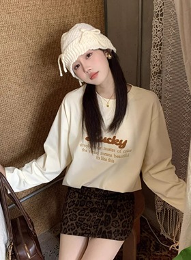 SYMOCOLOR花体毛巾绣字母圆领长袖T恤女新款慵懒宽松百搭休闲上衣