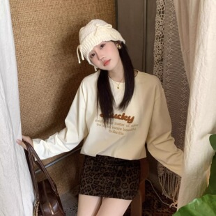 SYMOCOLOR花体毛巾绣字母圆领长袖T恤女新款慵懒宽松百搭休闲上衣