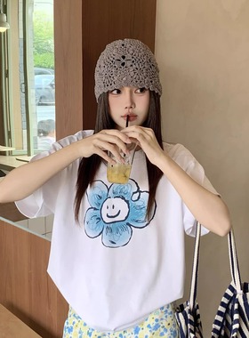 SYMOCOLOR 简约花朵笑脸印花短袖T恤女夏季白色复古休闲百搭上衣