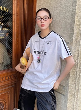 SYMOCOLOR 运动风撞色休闲百搭短袖T恤女V领宽松球衣复古显瘦上衣