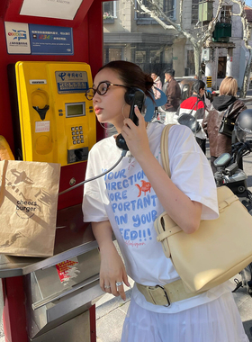 SYMOCOLOR趣味金鱼数码字母印花圆领短袖t恤男女2025夏季宽松休闲