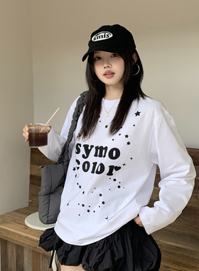 SYMOCOLOR 2025星星字母印花圆领长袖T恤女慵懒宽松百搭休闲上衣