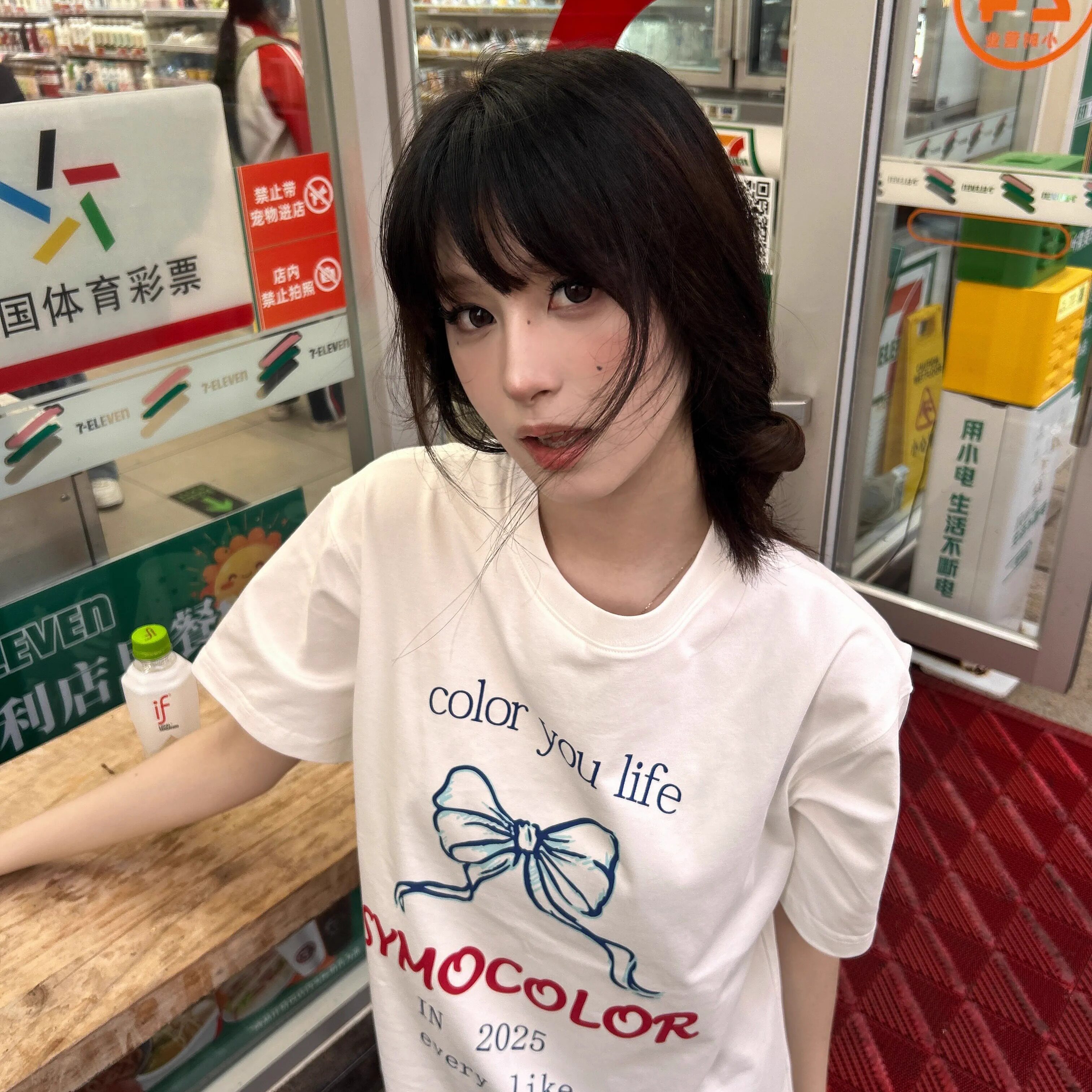 SYMOCOLOR美式蝴蝶结logo印花圆领短袖t恤女2025夏季新款休闲上衣图片