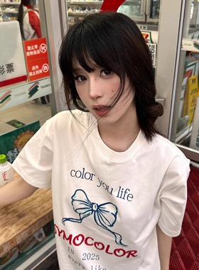 SYMOCOLOR美式蝴蝶结logo印花圆领短袖t恤女2025夏季新款休闲上衣