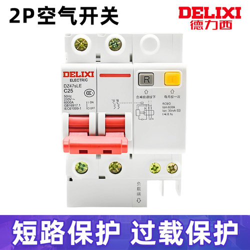 德力西2P漏电保护器16A断路器25A空气开关63A家用漏保40A DZ47SLE
