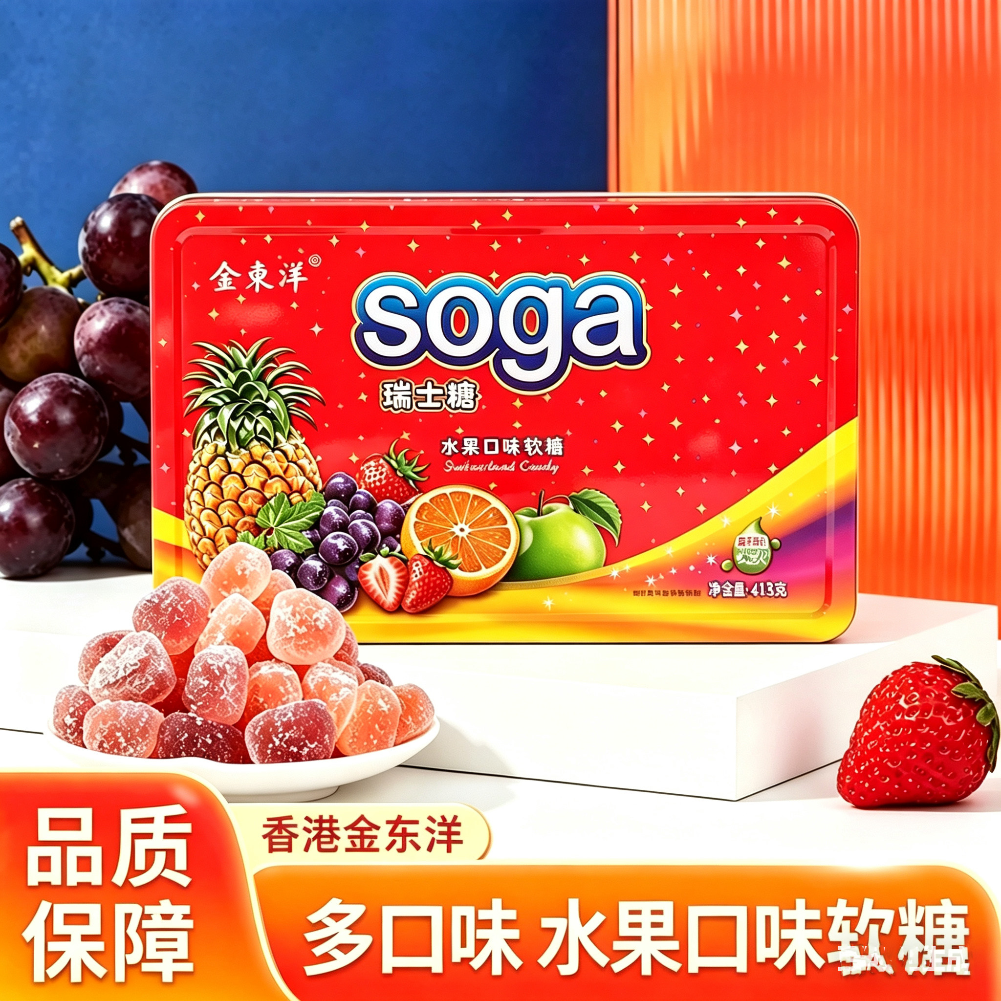 香港金东洋SOGA瑞士糖水果口味软糖多口味413g铁盒装喜糖年货送礼