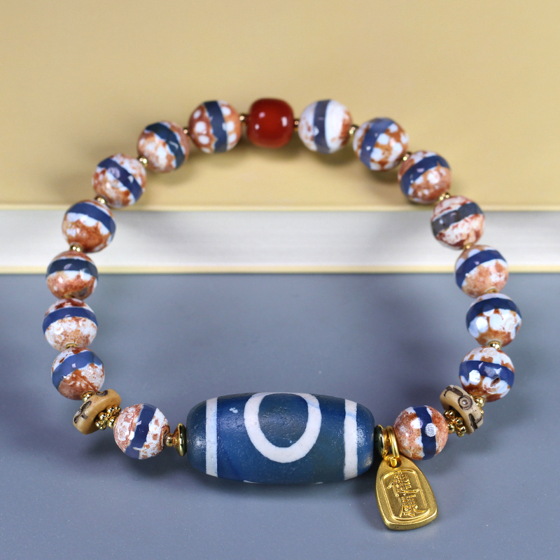 圣饰奇缘 西藏天然玛瑙然乌天地天珠蓝沁药师珠手串13*28m左右