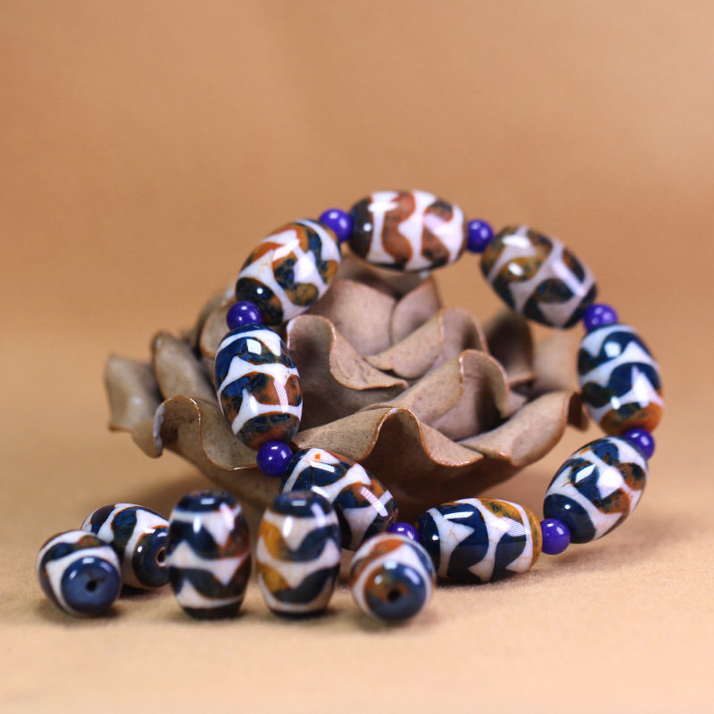 5A级天然西藏真品原石老玛瑙蓝沁双虎牙天珠手串手链15*22mm左右