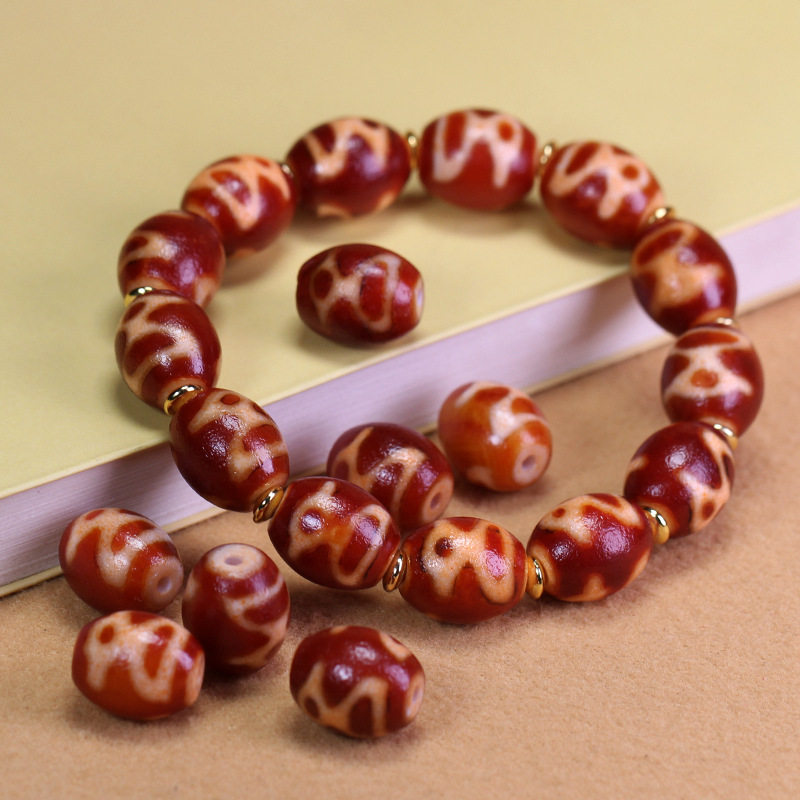 5A级西藏天然真品老矿原石玛瑙红肉财神天珠单圈手串12*13mm左右