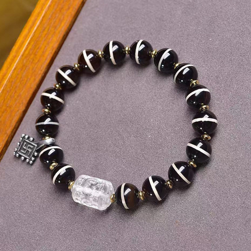 天然老西亚镶蚀线珠手串单圈琉璃回纹珠藏银南红阿呆配饰文玩手链