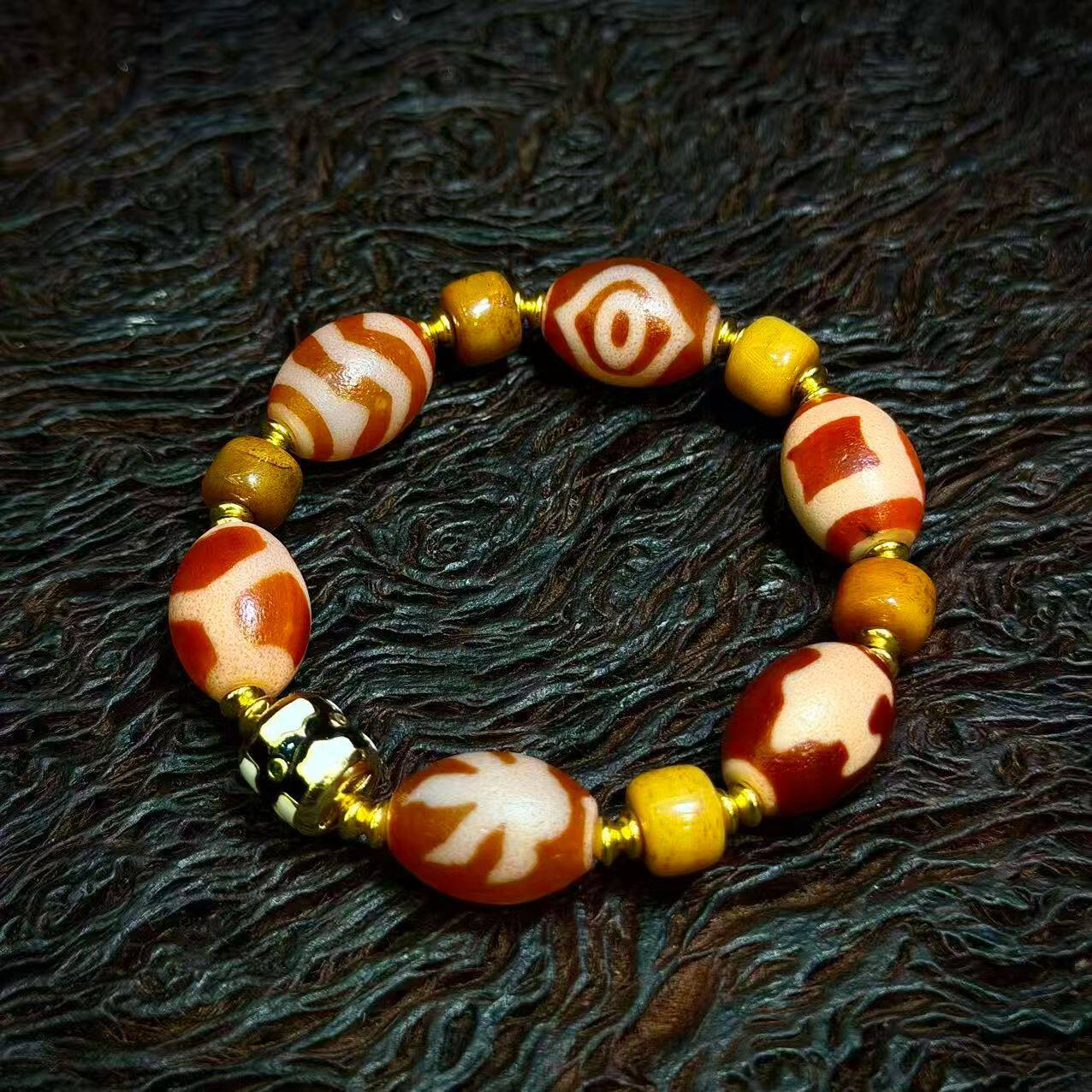 5A级西藏天然真品老矿原石玛瑙红肉龟甲虎牙天地观音天珠多宝手串