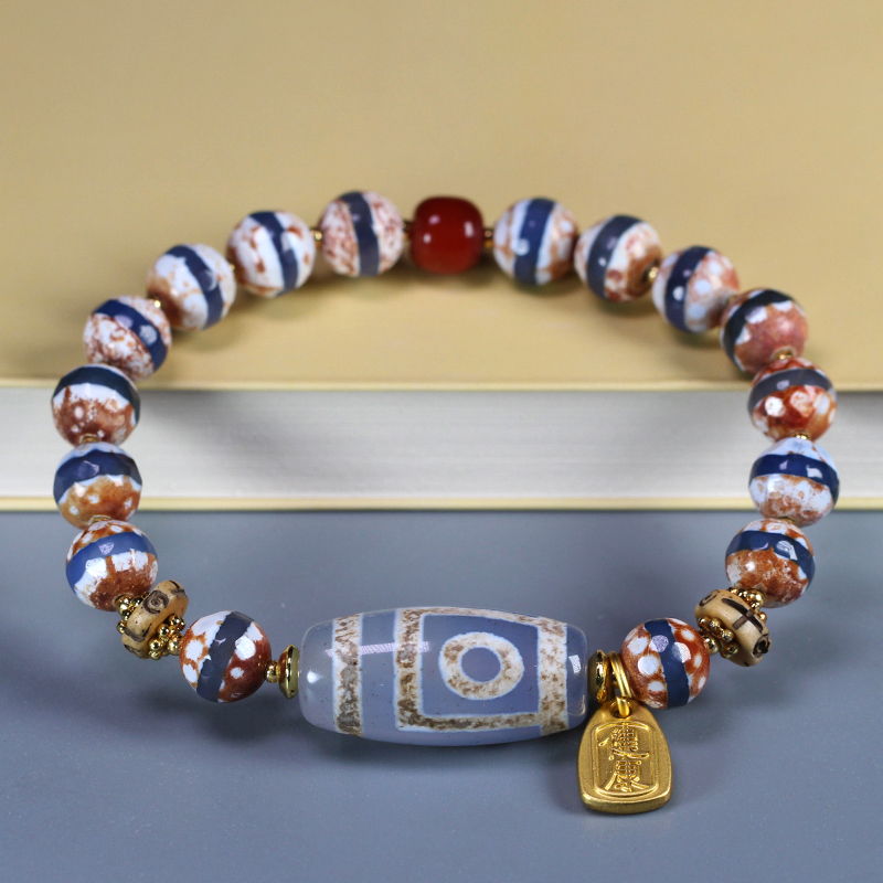 圣饰奇缘 西藏天然玛瑙然乌虎牙天珠蓝沁药师珠手串12*26m左右