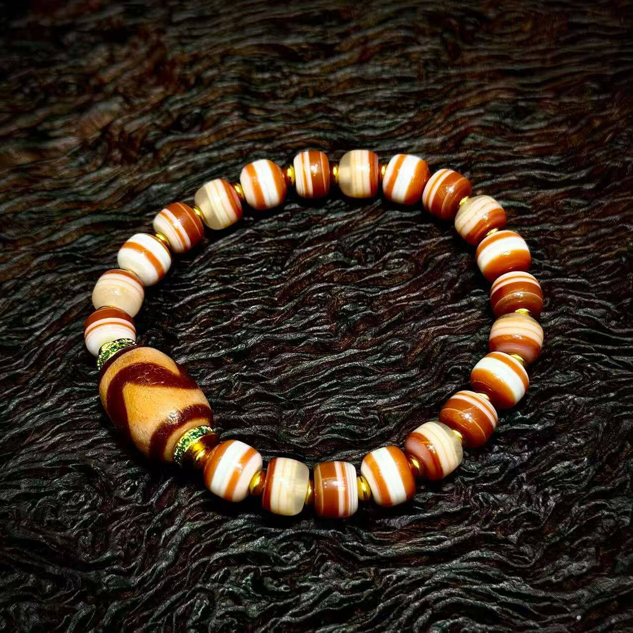 5A级西藏天然真品老原石玛瑙红肉虎牙天珠药师手串链13*20mm左右