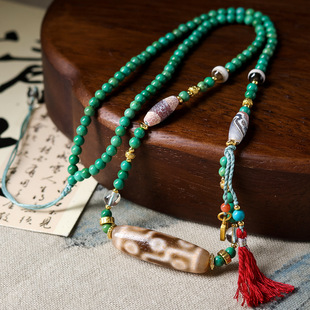 手工编织菱镁矿绿松石水晶链挂绳文玩九眼天珠新中式国风毛衣项链