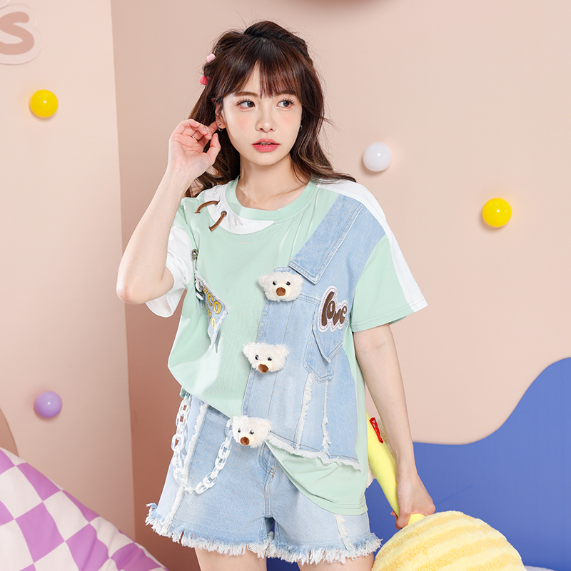 短袖绿色纯棉小熊头T恤