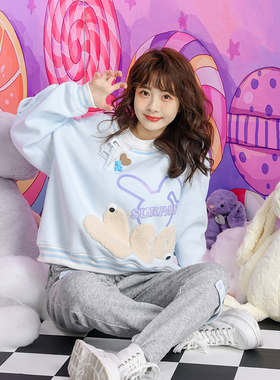 秋冬卡通毛毛字母大眼睛爱心别针宽松不对称假两件减龄卫衣 粉/蓝