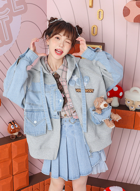 春少女水洗破洞小熊二分之一慵懒卫衣解构蓝灰拼接宽松牛仔外套