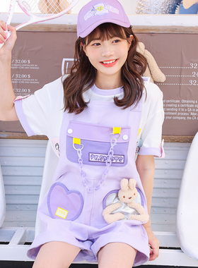2026夏少女刺绣字母小兔撞色爱心口袋紫色牛仔工装风背带裤短裤女