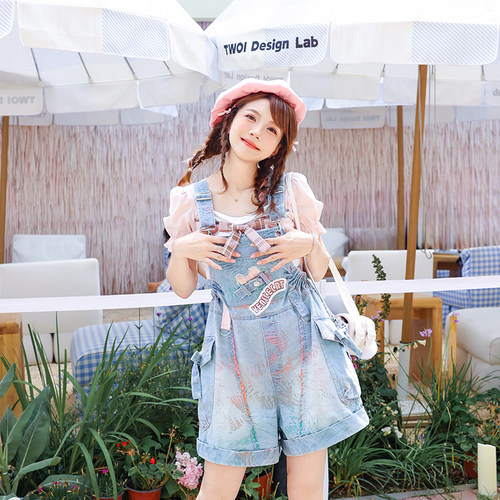 爱心绣花彩色牛仔背带裤