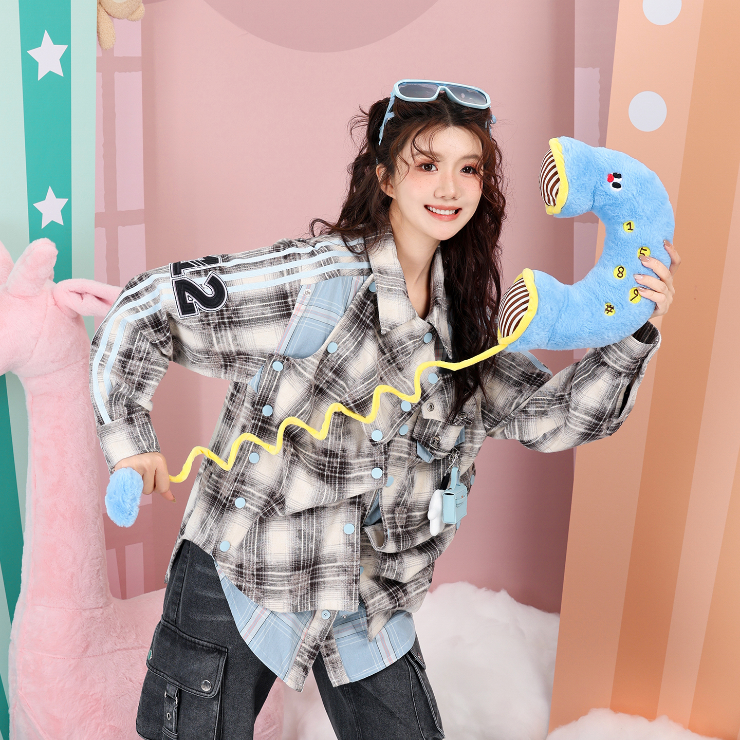 可拆卸解构不对称系扣黑格子衬衫