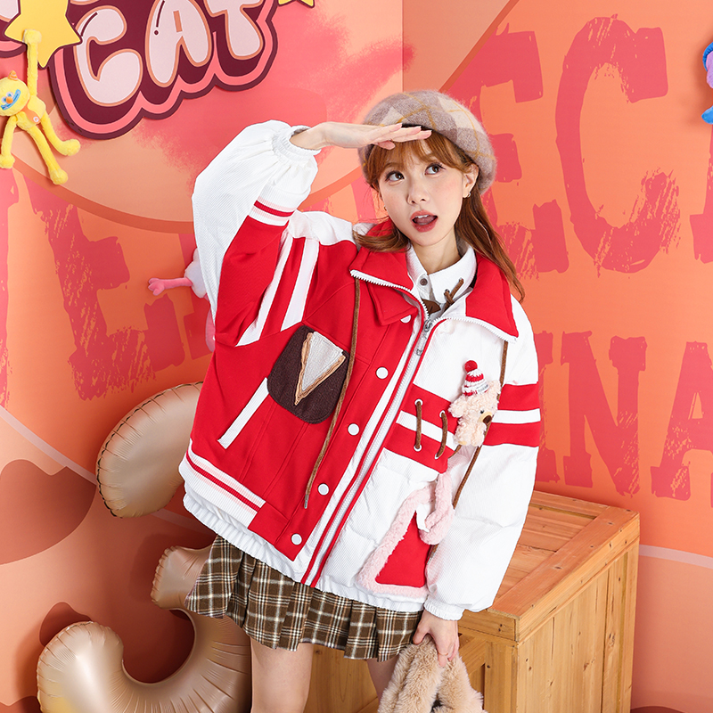立领不对称棒球服假两件羽绒服