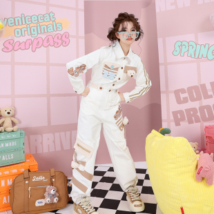 长裤 春甜酷少女卡通小熊松紧腰字母绣花撞色多口袋白色工装 连体裤