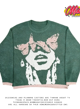 y2k hoodie~美式小众人物印花圆领针织衫绿色撞色袖口个性卫衣潮