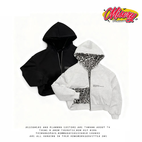 y2k hoodie~街头风连帽卫衣女宽松豹纹拉链外套复古中性风上衣