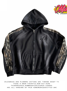 y2k hoodie美式复古运动风连帽拉链卫衣男女同款黑色条纹拼接外套