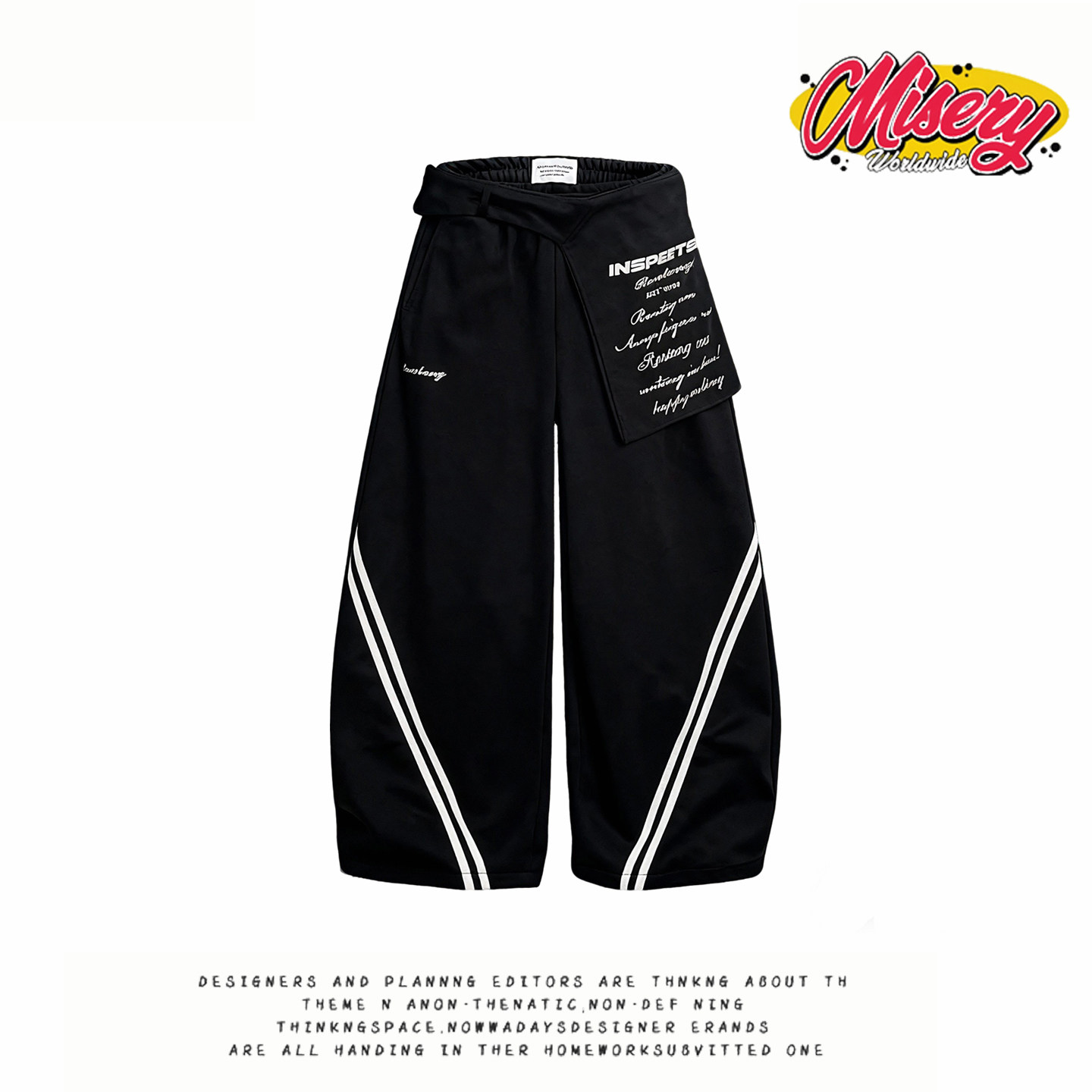 y2k hoodie黑色条纹拼接卫裤女宽松直筒长裤不对称设计运动休闲裤