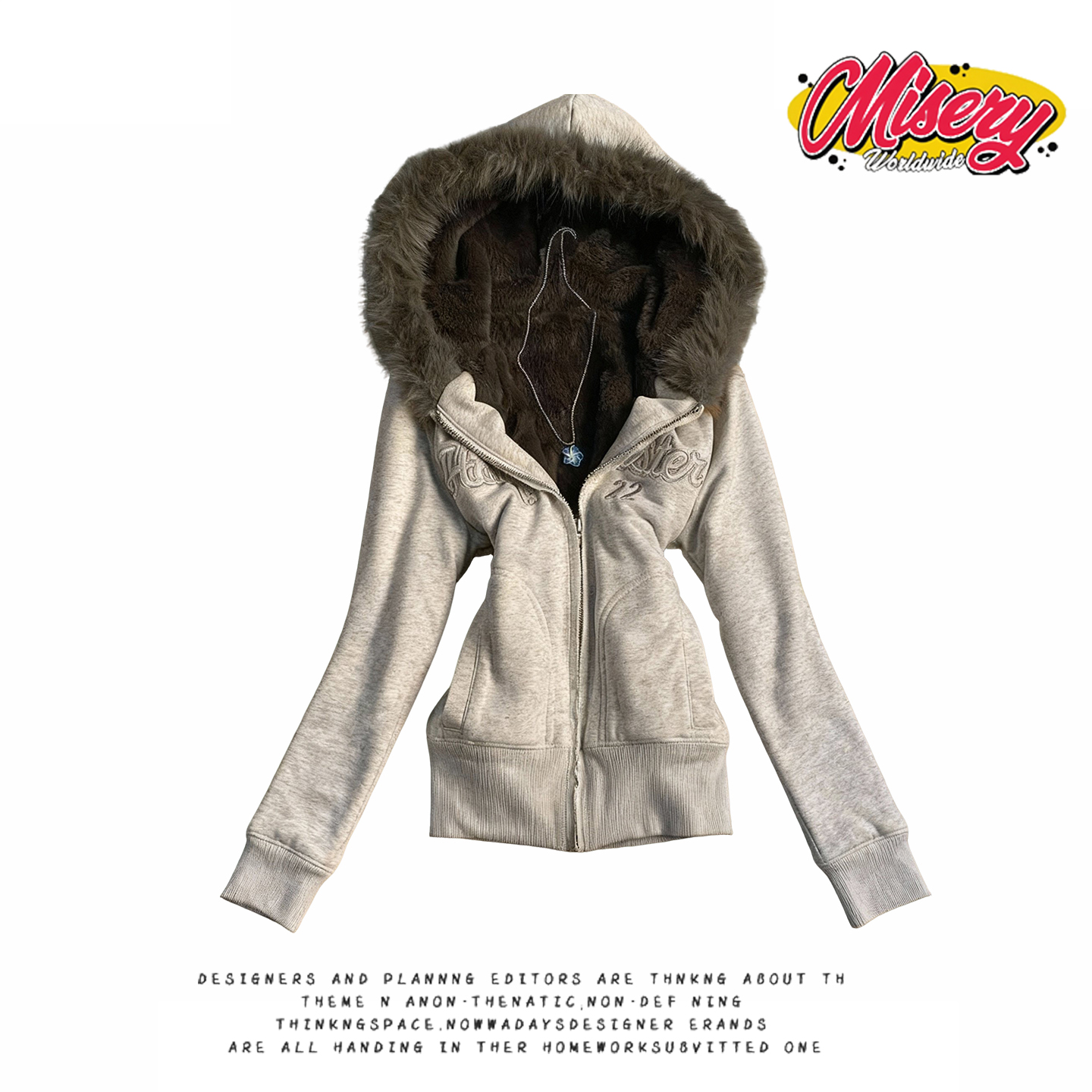 y2k hoodie美式复古毛领连帽卫衣女灰色加绒加厚宽松街头拉链外套