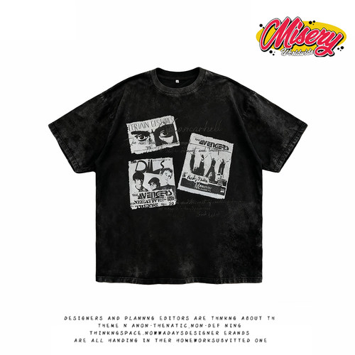 y2k hoodie~美式街头风印花短袖T恤男女情侣款宽松纯棉黑色上衣潮