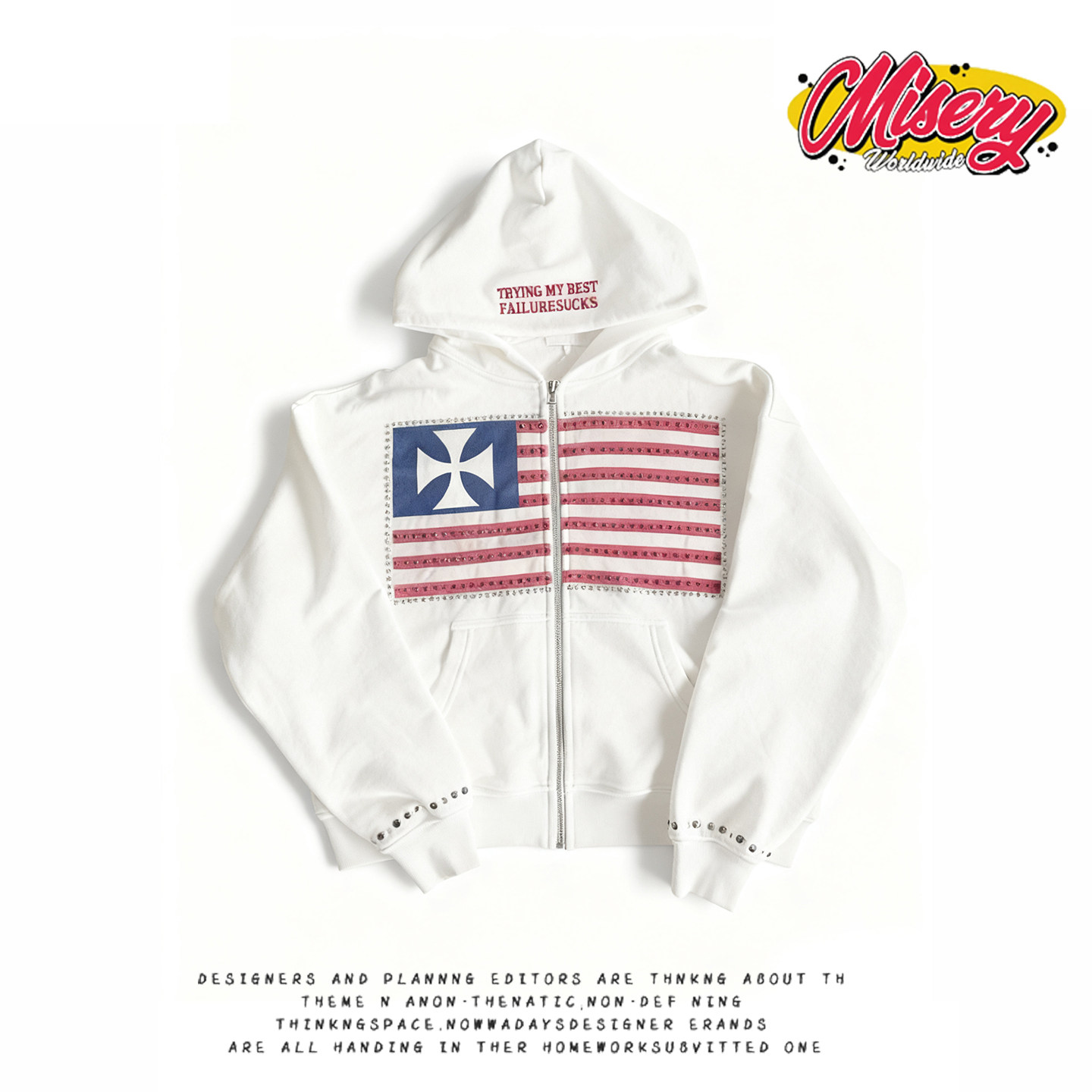 y2k hoodie~街头风美式钻石装饰连帽卫衣女宽松白色拉链开衫外套