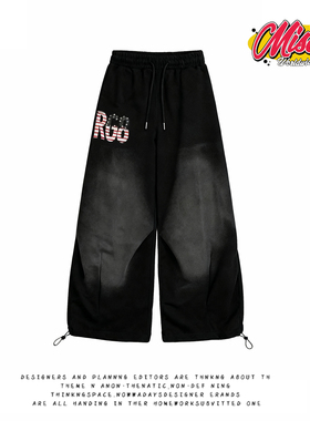 y2k hoodie~美式复古字母印花卫裤女黑色宽松直筒长裤通勤街头风