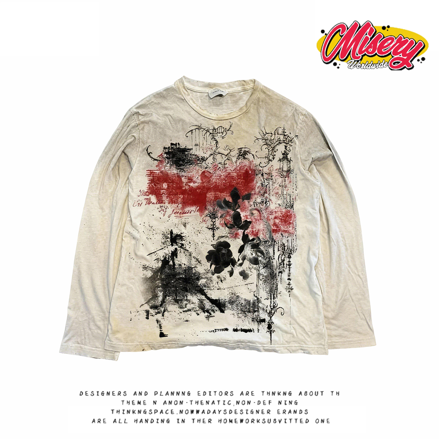 y2k hoodie~涂鸦街头风长袖T恤男做旧印花PUNK摇滚废土风潮流上衣