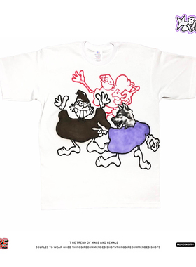 亚文化怪诞风~手绘卡通涂鸦短袖oversize纯棉男女小众潮牌半袖夏