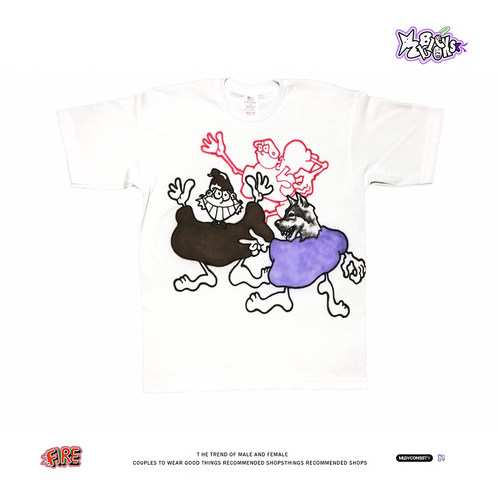 亚文化怪诞风~手绘卡通涂鸦短袖oversize纯棉男女小众潮牌半袖夏