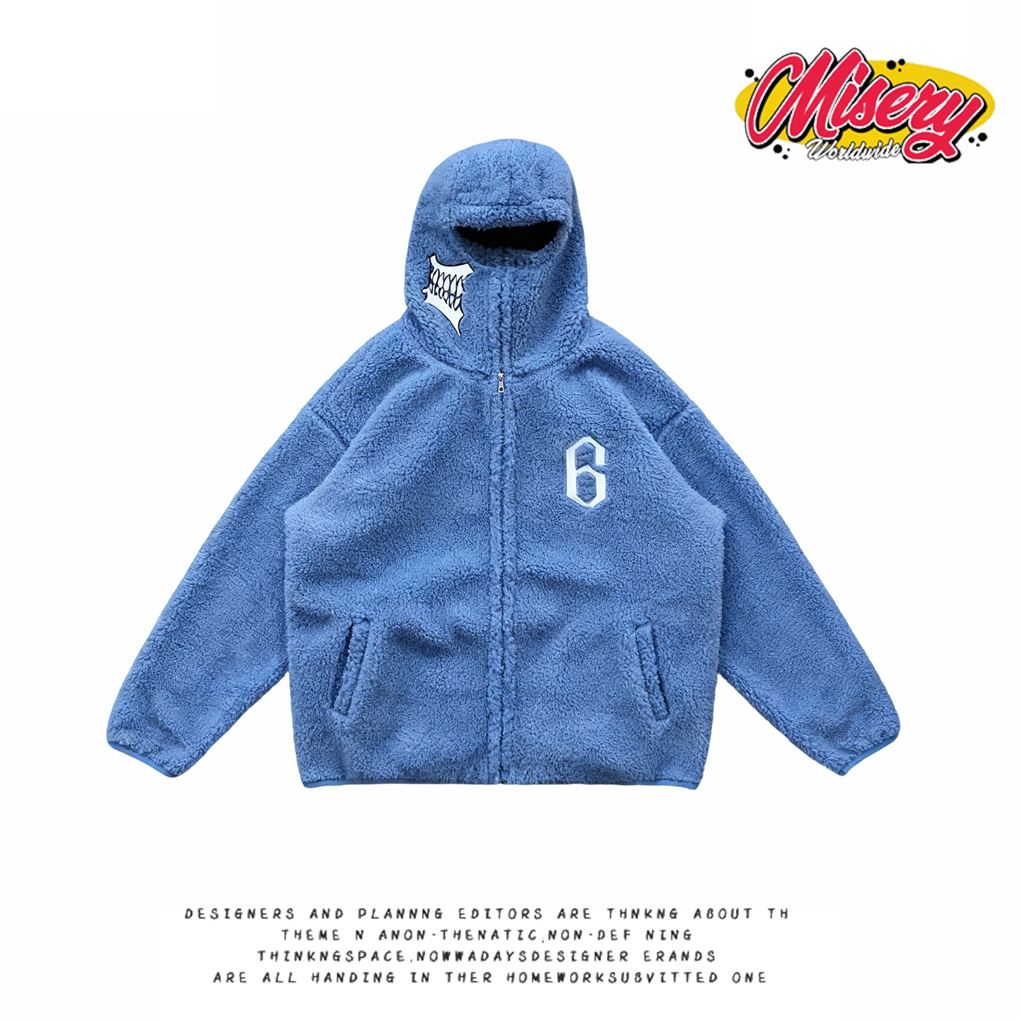 y2k hoodie潮流摇粒绒连帽卫衣男女加绒加厚保暖外套宽松帽衫蓝色