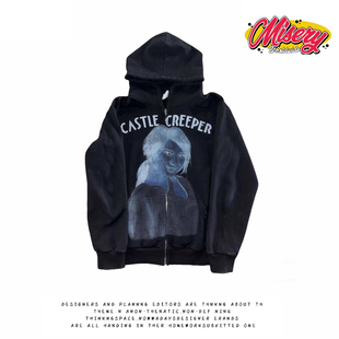 小众高街风印花连帽卫衣男女宽松黑色潮牌上衣 美式 y2k hoodie