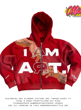 y2k hoodie美式小众嘻哈风连帽开衫卫衣男红色宽松街头潮流上衣