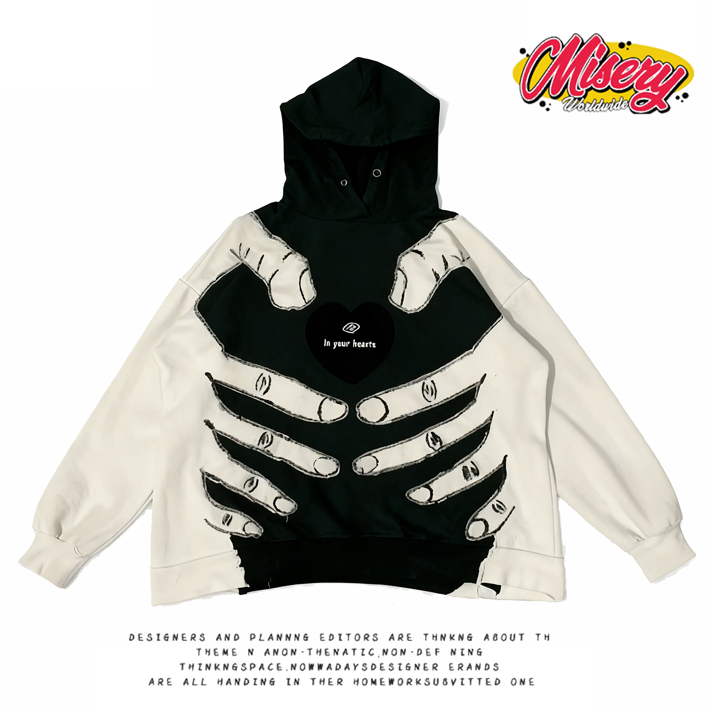 美式小众重工水洗复古骷髅手印花连帽卫衣男女宽松潮牌个性上衣潮