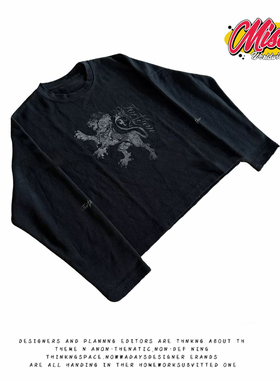 y2k hoodie~美式街头风狮子印花长袖T恤男女宽松百搭黑色上衣