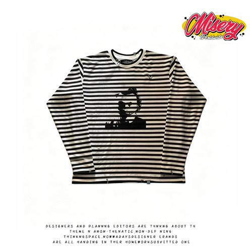 y2k hoodie~美式街头风条纹印花长袖T恤男女通用宽松纯棉上衣夏季