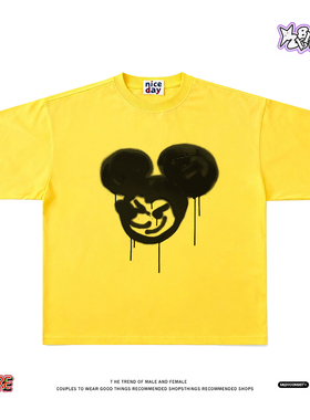 笑脸耳仔泼墨邪魅笑~美式短袖T恤男女宽松重磅纯棉小众设计上衣潮