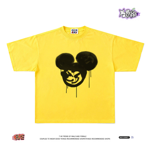 T恤男女宽松重磅纯棉小众设计上衣潮 短袖 笑脸耳仔泼墨邪魅笑 美式